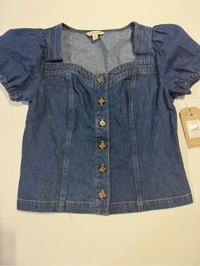 FRYE AND CO. Denim Puff-Sleeve Button-Front Top - Blue